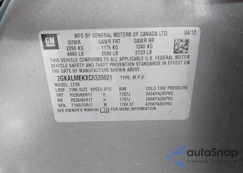 2012 GMC Terrain Sle-1 z USA, uszkodzony, nr VIN 2GKALMEKXC6335621